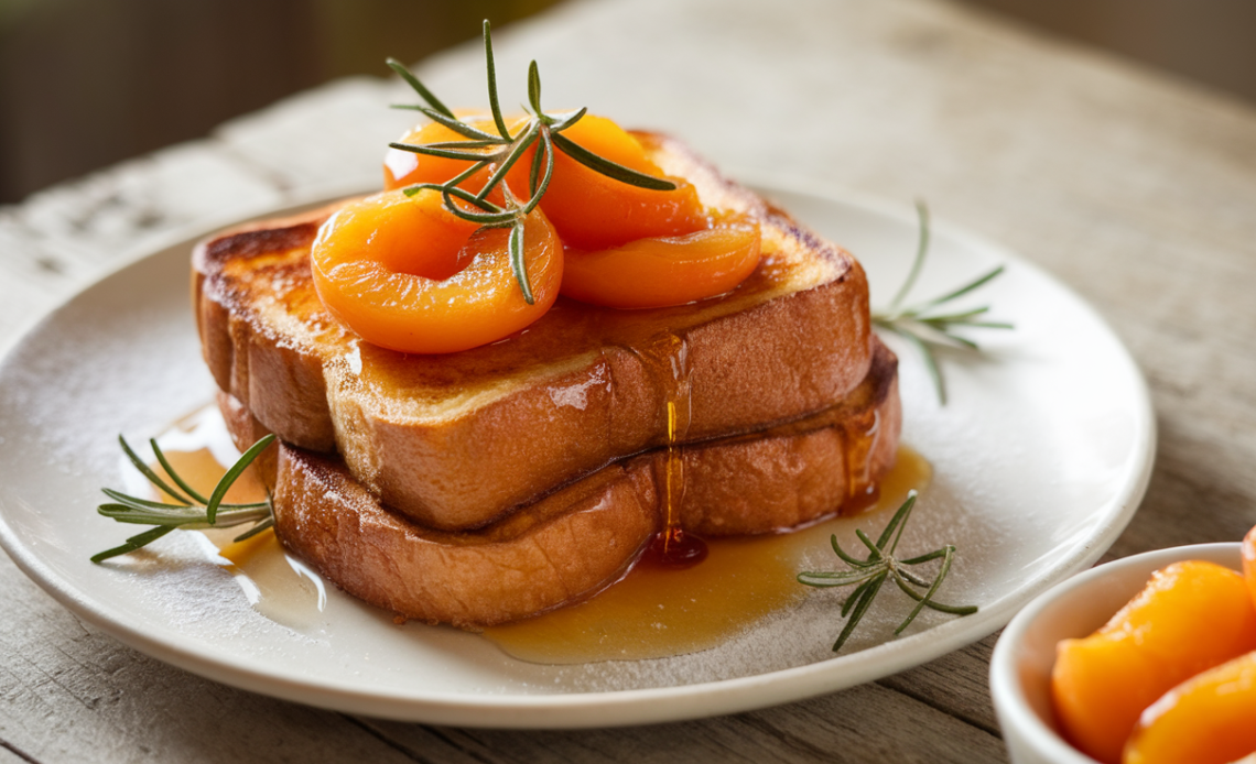 Golden-brown French toast topped with caramelized rosemary-roasted apricots, drizzled with maple syrup, and garnished with fresh rosemary sprigs on a rustic plate.