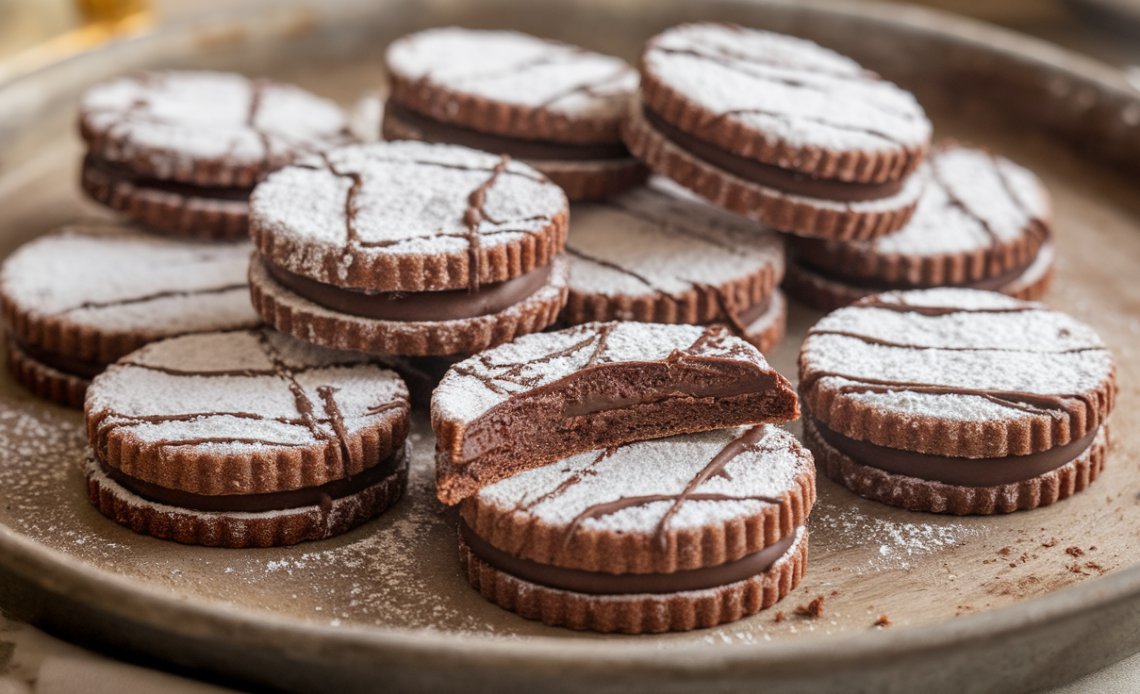 Freshly baked gluten-free soft chocolate wafer cookies on a rustic wooden table with melted chocolate drizzle.