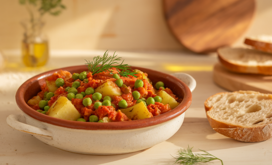 A traditional Greek Arakas recipe featuring tender sweet peas, potatoes, carrots, and fresh herbs in a tomato-based sauce, served in a white ceramic bowl.