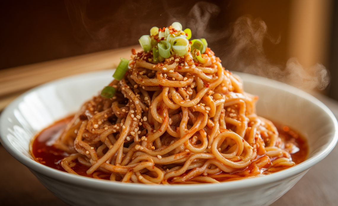 Fresh hand-pulled noodles coated in spicy chili oil, topped with scallions and sesame seeds in a rustic bowl.