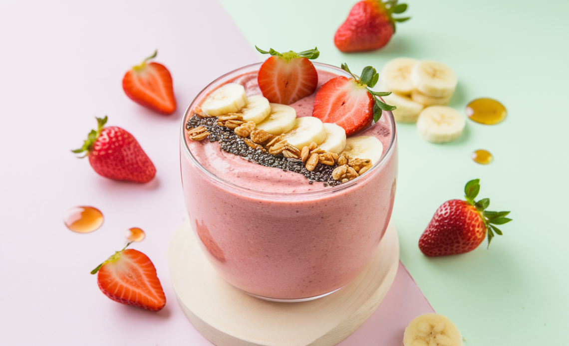 Vibrant strawberry smoothie bowl topped with fresh strawberries, granola, chia seeds, and coconut flakes in a white bowl.
