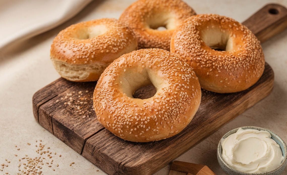 Freshly baked gluten-free protein bagels with sesame seeds on a wooden board.