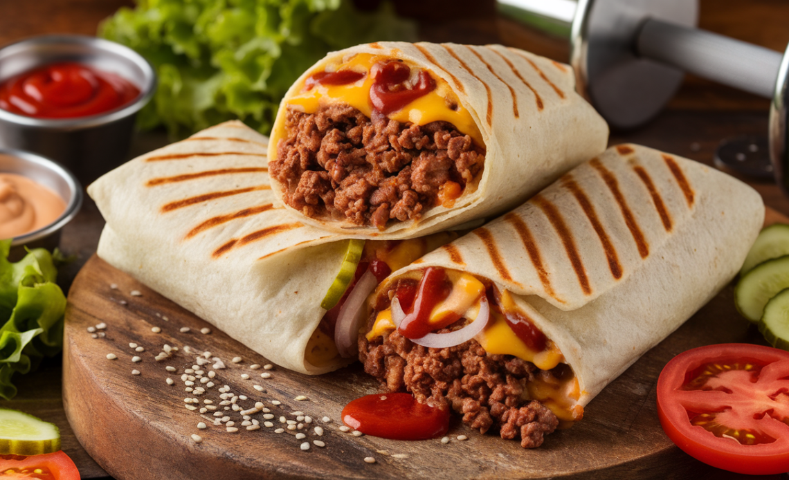 High-protein cheeseburger burritos with ground beef, melted cheese, pickles, and burger sauce wrapped in a toasted tortilla.