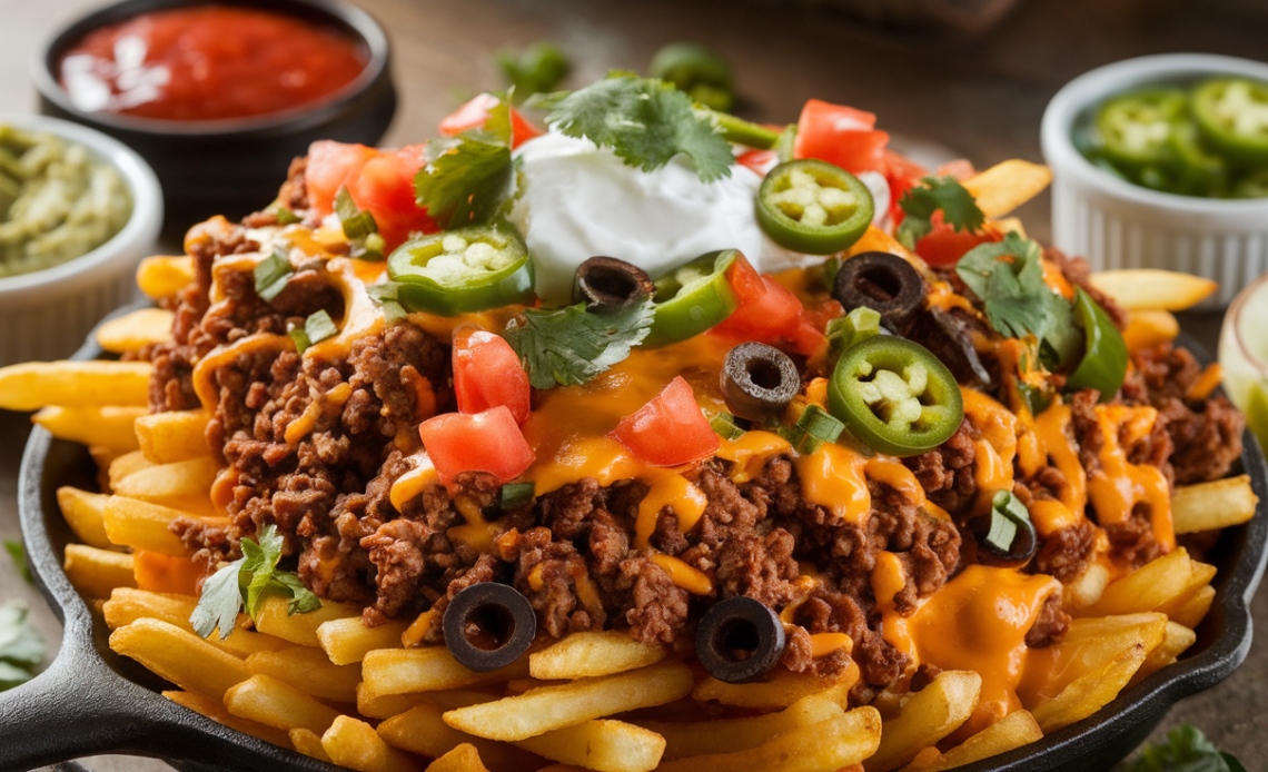 Plate of crispy fries topped with seasoned high-protein ground beef, melted cheese, jalapeños, diced tomatoes, sour cream, and fresh cilantro.