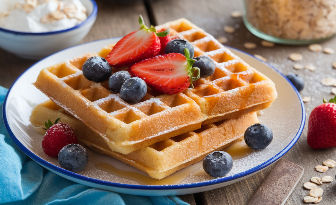 Golden-brown oatmeal cottage cheese waffles topped with fresh berries and maple syrup, served on a white plate.