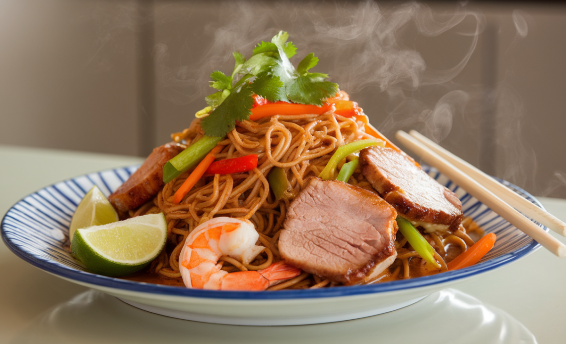 Wok-fried Singapore noodles with shrimp, chicken, bell peppers, and curry powder, garnished with scallions on a white plate.