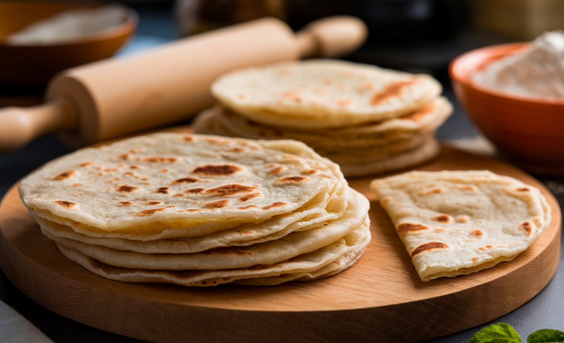 Step-by-step guide on making soft, fluffy homemade chapati on a stovetop with rolled dough and cooking skillet.