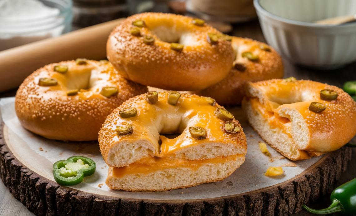 Freshly baked jalapeño cheddar bagels with melted cheese and spicy jalapeño slices on a rustic wooden board.
