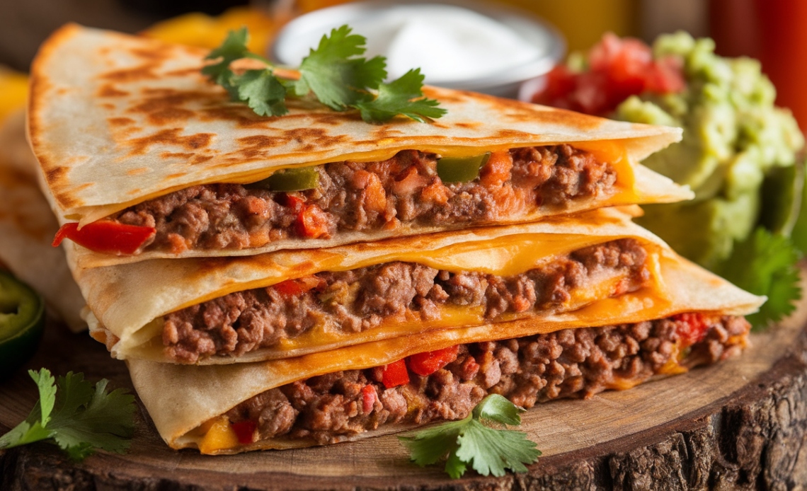 Freshly cooked beef quesadilla with melted cheese, sautéed peppers, and spices, sliced on a wooden board with lime and cilantro garnish.