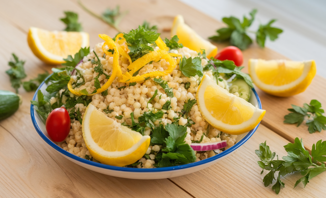 Vibrant lemon herb couscous salad with fresh parsley, diced cucumbers, cherry tomatoes, and chickpeas in a white bowl, drizzled with olive oil.