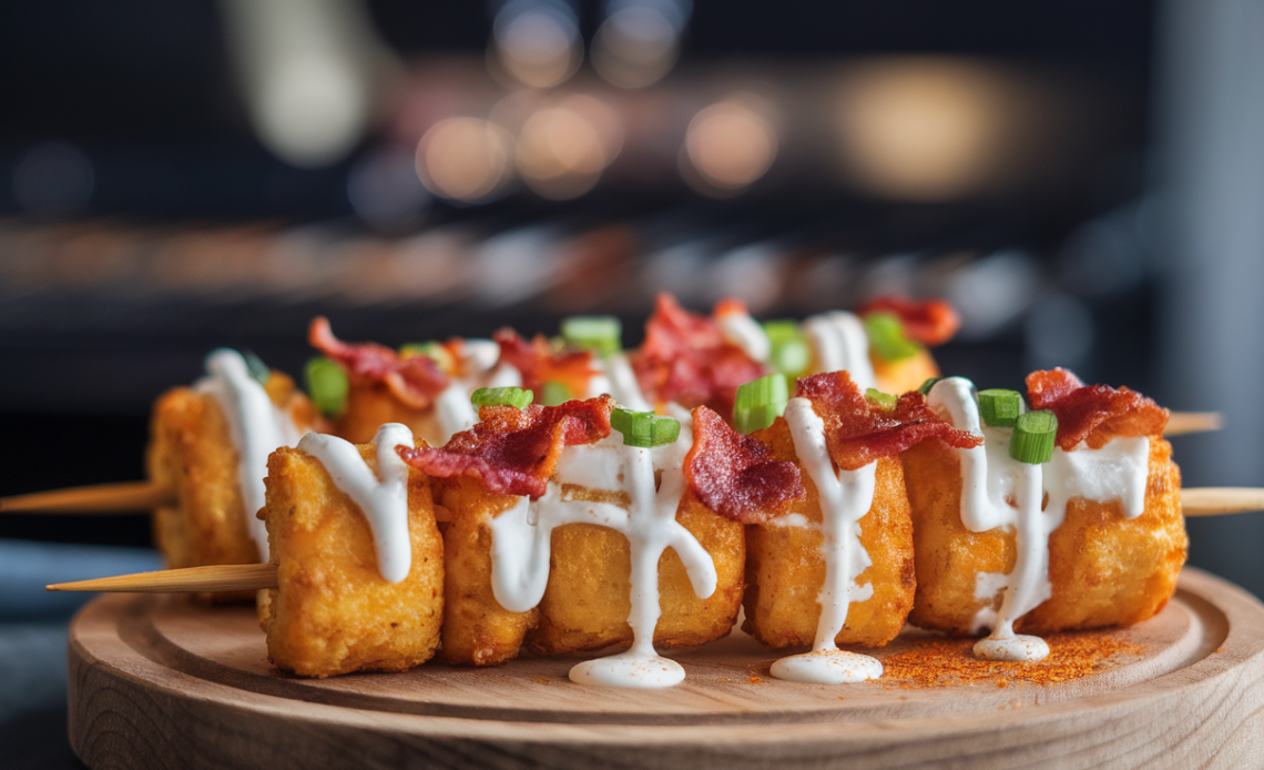 Golden crispy tater tot skewers topped with melted cheese, crispy bacon bits, green onions, and a drizzle of sour cream, served on a wooden board.