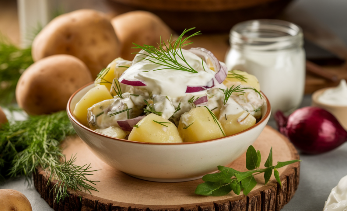 Creamy no-mayo potato salad with sour cream, fresh dill, green onions, and tender red potatoes in a white bowl.