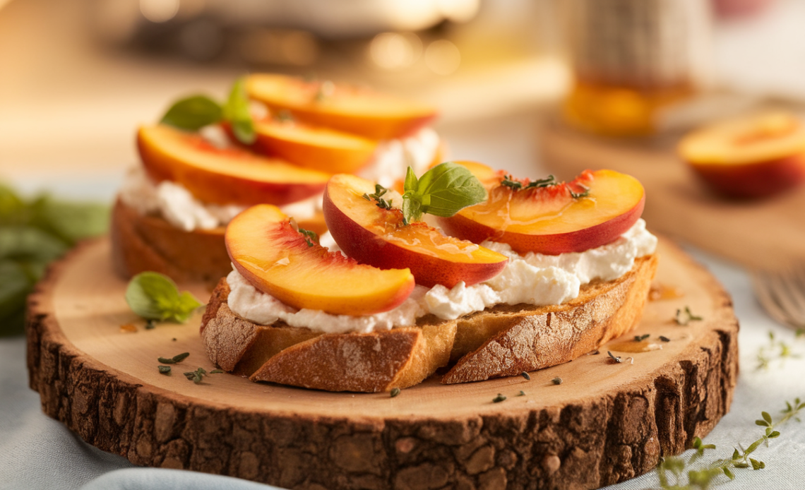 Fresh peach bruschetta with creamy goat cheese, basil, and honey drizzle on toasted baguette slices.