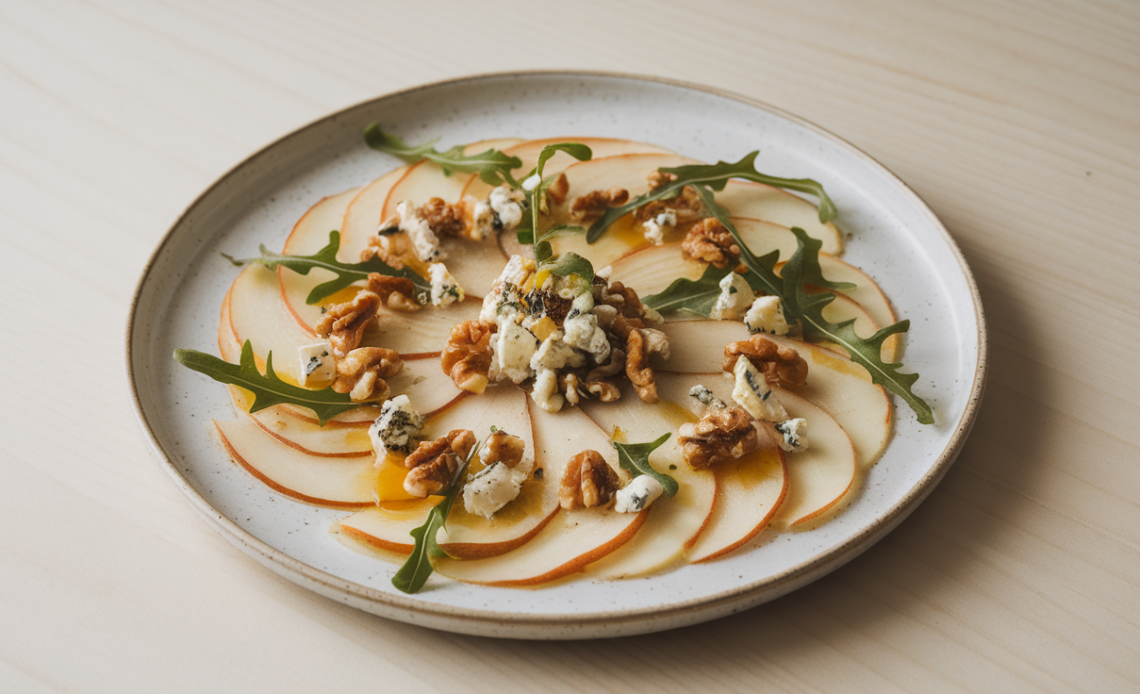 Thinly sliced pear carpaccio with crumbled blue cheese, toasted walnuts, and honey drizzle on a white plate, garnished with fresh arugula.