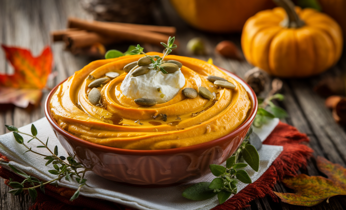 Creamy pumpkin whipped feta dip in a white bowl, garnished with roasted pepitas, fresh thyme, and a drizzle of honey, served with toasted bread and crackers.