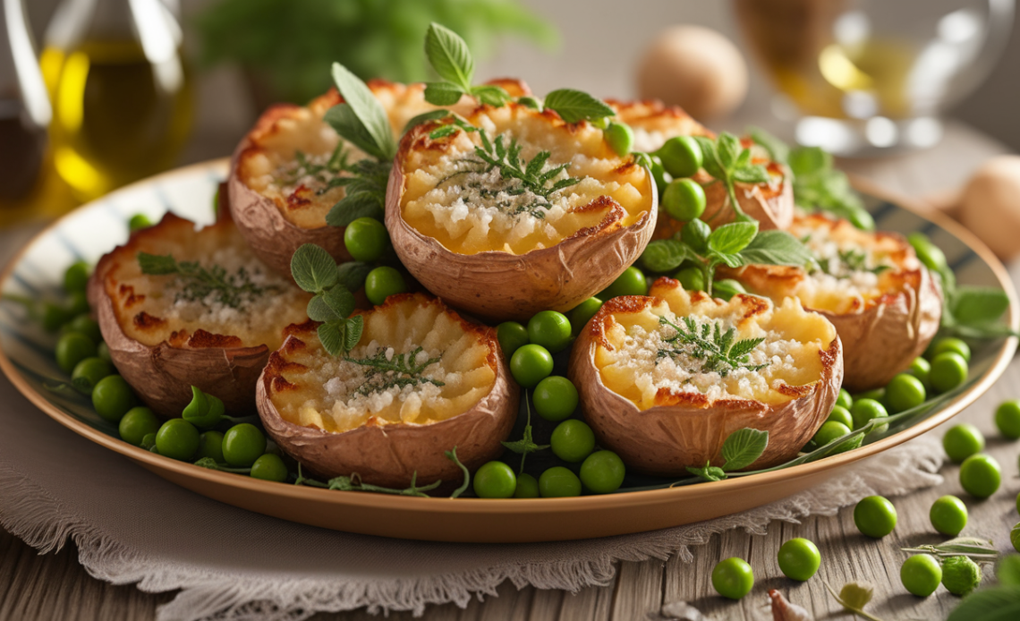 Golden crispy roasted smashed potatoes with vibrant green peas, fresh herbs, and a drizzle of olive oil on a rustic white plate.