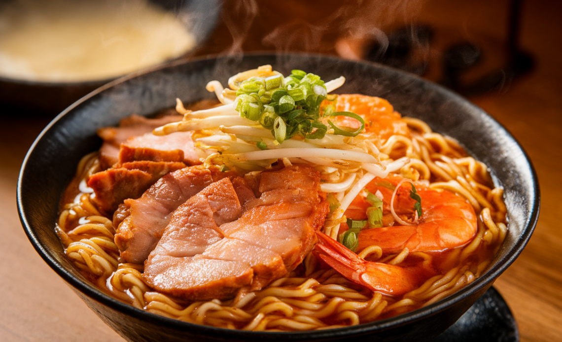 A steaming plate of Hokkien Mee with thick yellow noodles, juicy prawns, tender squid, crispy pork belly, and bean sprouts, garnished with lime and chili.