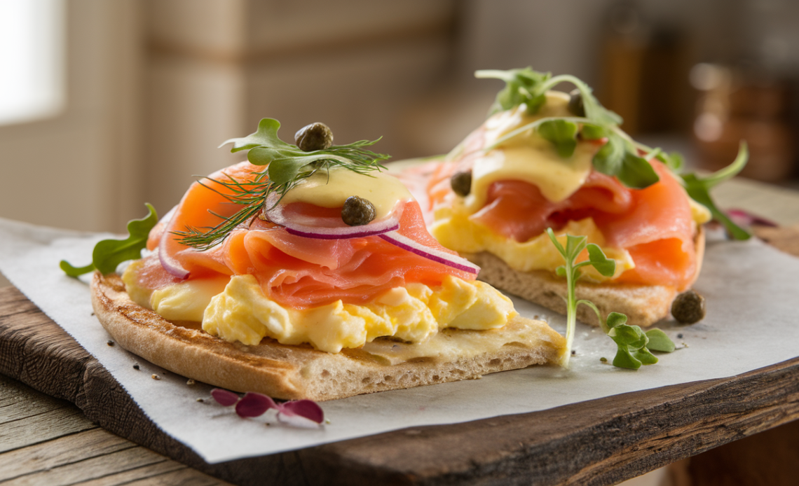 Freshly baked breakfast flatbread topped with smoked salmon, cream cheese, capers, red onions, and dill on a wooden table.