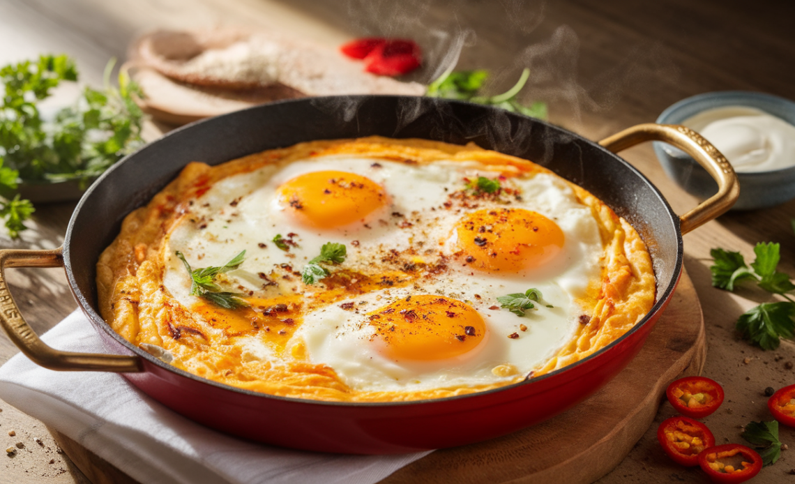 Creamy scrambled eggs with a spicy kick, garnished with fresh chives and red pepper flakes, served on a warm plate with toasted bread.