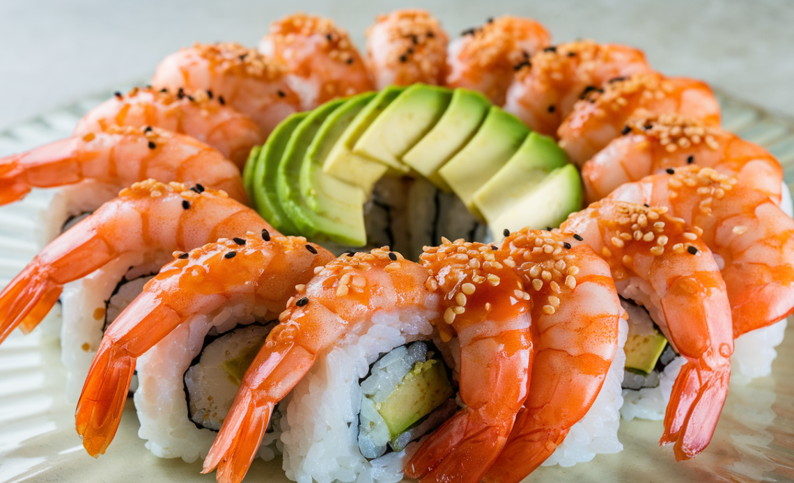 Spicy Shrimp Sushi Stacks with avocado, cucumber, and sriracha mayo on a white plate, garnished with sesame seeds and green onions.