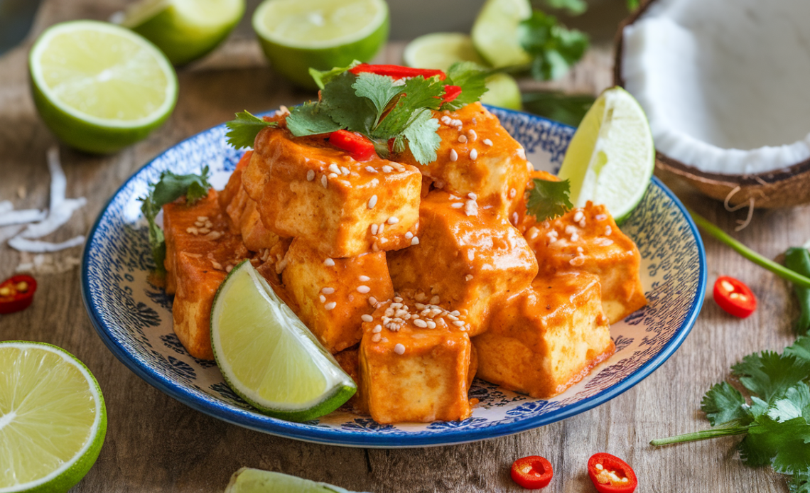 Golden crispy tofu cubes coated in spicy sauce, served with creamy coconut lime sauce and garnished with fresh herbs on a white plate.