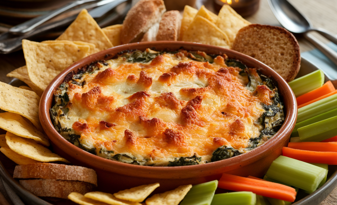 Creamy spinach artichoke dip served in a white ceramic dish, topped with melted cheese, garnished with fresh parsley, and surrounded by tortilla chips.