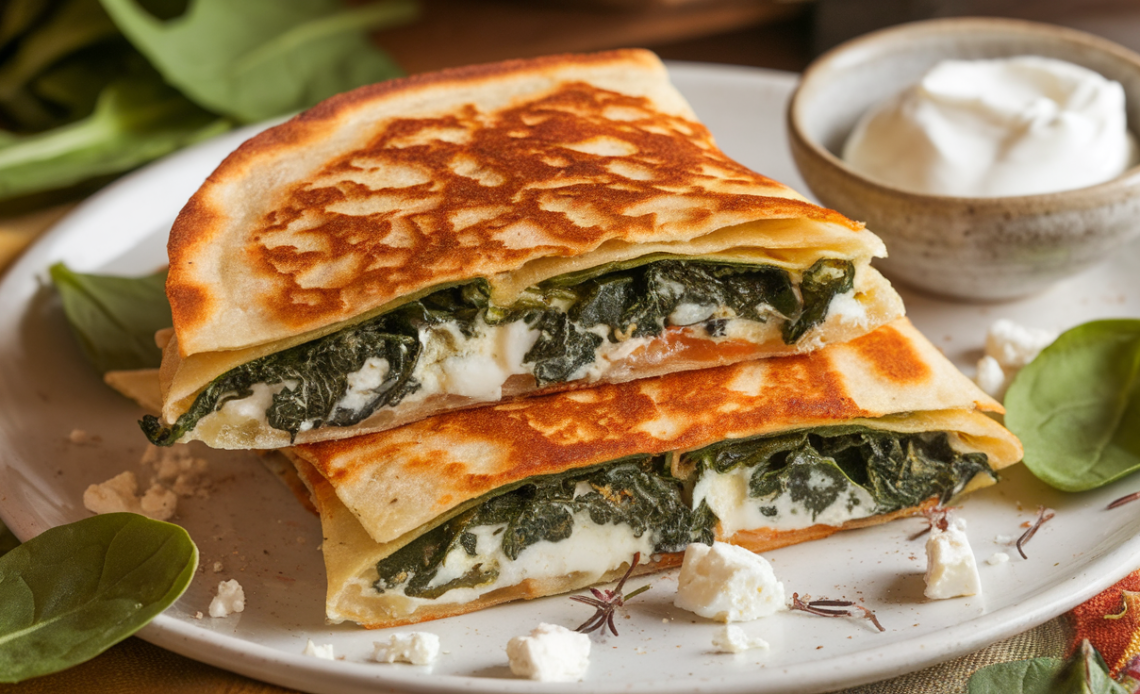 Golden-brown spinach and feta quesadilla cut into triangles, with melted cheese and fresh spinach visible, served on a wooden board with a side of salsa.