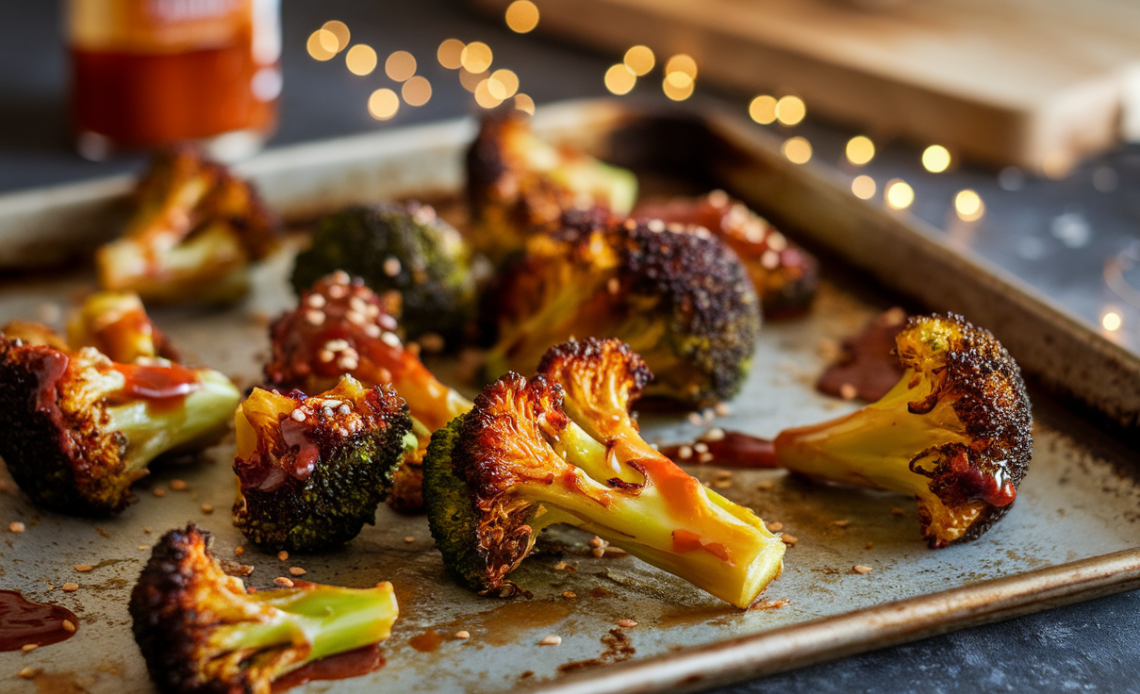 Crispy roasted broccoli florets glazed with sweet chili sauce, garnished with sesame seeds and green onions on a white baking sheet.