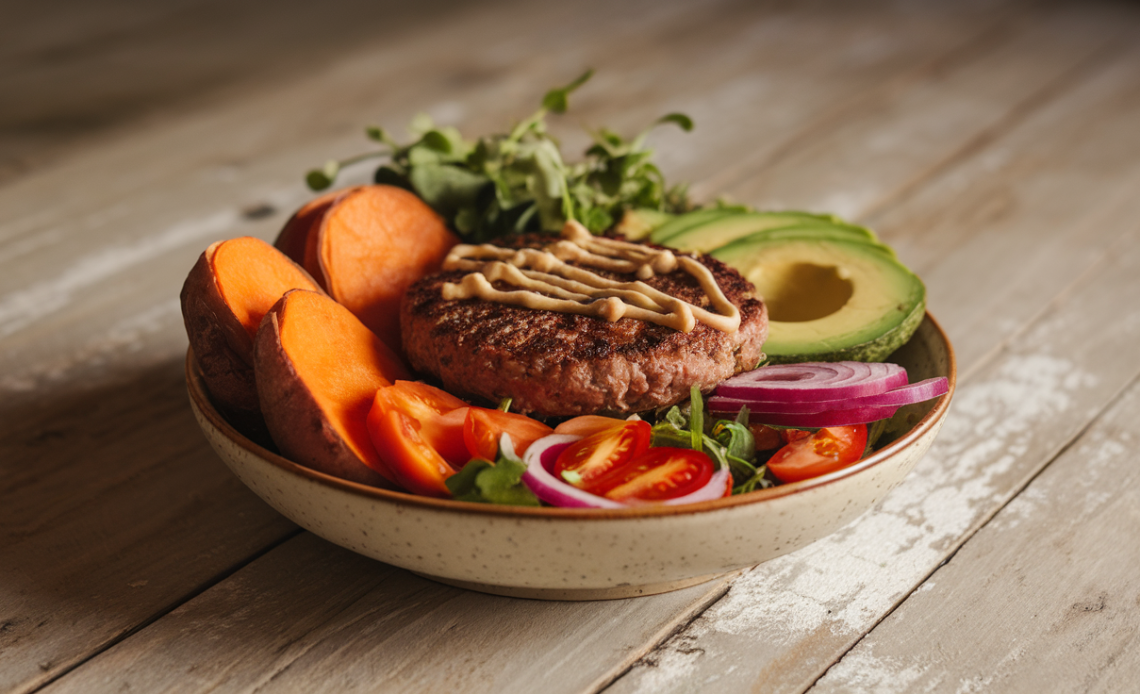 A vibrant sweet potato burger bowl with black bean patty, fresh greens, avocado, cherry tomatoes, and tahini drizzle on a wooden table.