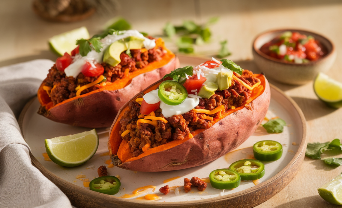 Roasted sweet potatoes stuffed with seasoned ground beef, black beans, melted cheese, fresh pico de gallo, avocado slices, and cilantro.