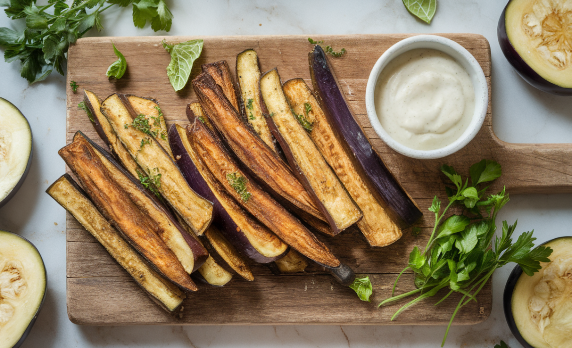 Golden crispy baked eggplant fries with a crunchy coating, served with a side of marinara sauce on a white plate.