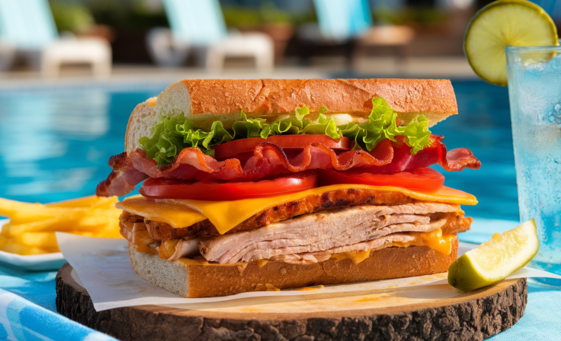 A towering, layered pool sandwich with fresh bread, stacked deli meats, melted cheese, crisp lettuce, and juicy tomatoes, served on a wooden board by a swimming pool.