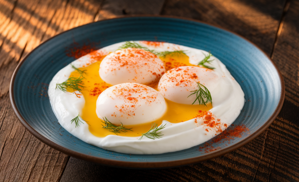 Turkish eggs (Çılbır) served over creamy garlic yogurt, drizzled with spiced melted butter, and garnished with fresh dill and chili flakes.