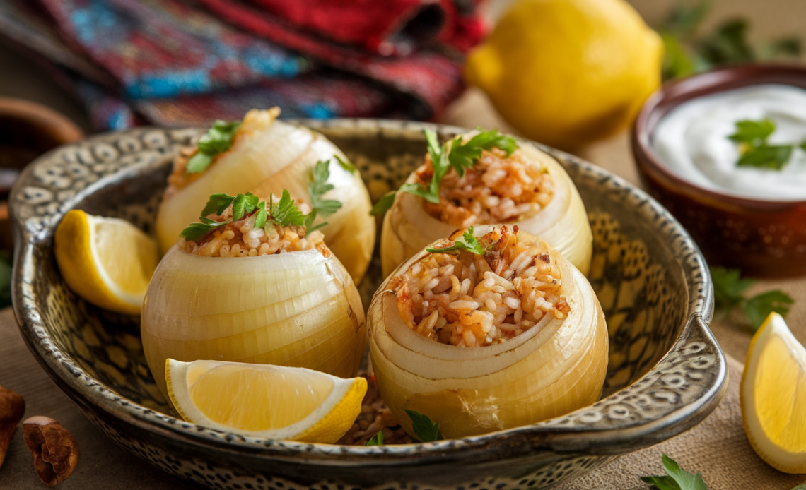 Tender Turkish Sogan Dolmasi—onion layers stuffed with spiced rice and herbs, neatly arranged in a serving dish and topped with fresh parsley.