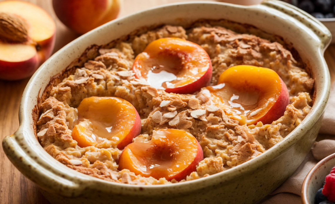 Warm vegan peach baked oatmeal in a ceramic dish with fresh peach slices, cinnamon, and maple syrup drizzled on top.