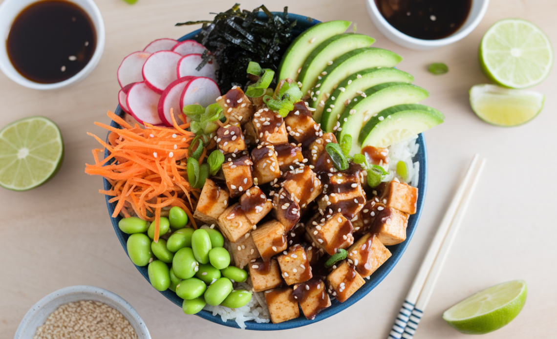 Vegan Tofu Poke Bowl with crispy tofu, avocado, edamame, cucumber, carrots, and sesame seeds on a bed of sushi rice, drizzled with spicy mayo.